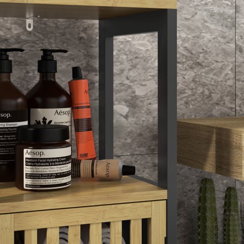 HOMCOM Slim Bathroom Storage Cabinet, Small Bamboo Bathroom Cabinet with Open Compartment and Adjustable Shelf
