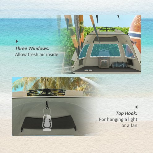 Outsunny Pop Up Tent Beach Tent for 2-3 Person, UPF15+ Easy Set Up Sun Shelter with Extended Floor, Sandbags, Mesh Windows and Carry Bag, Khaki