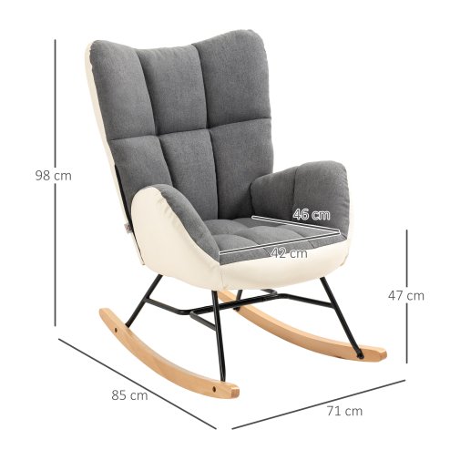 HOMCOM Rocking Chair for Nursery, Upholstered Wingback Armchair with Steel and Wood Legs for Living Room, Bedroom, Balcony, Grey and Cream