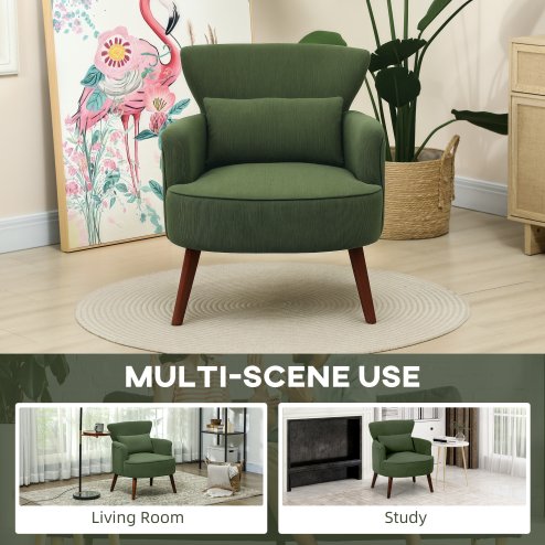 HOMCOM Modern Armchair, Upholstered Corduroy Accent Chair with Thick Padded Seat, Lumbar Pillow, Rubber Wood Legs, Cuddle Chair for Living Room Bedroom Office, Green