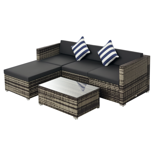 Outsunny 5 Piece Rattan Garden Furniture Set, Outdoor Corner Sofa with 67 cm Wide & Deep Seat, Sectional Outdoor Furniture Conversation Set with Cushions, Glass Top Coffee Table for Patio, Mixed Grey