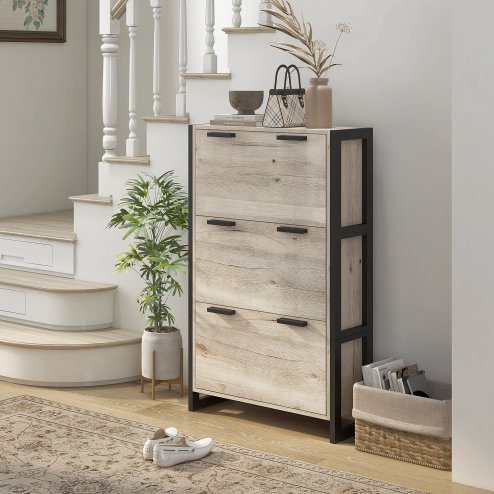 HOMCOM 3 Drawers Narrow Shoe Cabinet, 18 Pairs Shoe Storage Cupboard with 3 Flip Doors and Adjustable Shelves for Entryway, Hallway, Natural Wood-effect