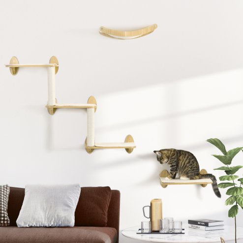 PawHut 3PCs Wall Mounted Cat Tree Cats Shelves, Climbing Shelf Set, Kitten Activity Center with Jumping Platforms Hammock Scratching Post, Oak