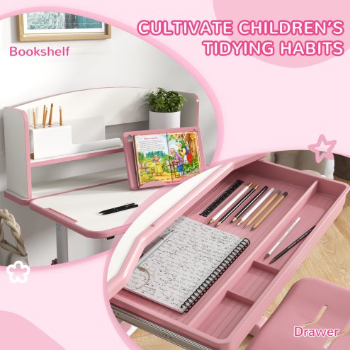 ZONEKIZ Kids Desk and Chair Set, Height Adjustable Children School Study Table with Drawer, Bookshelf, Adjustable Angle Tabletop, Non-slip Mat, for Ages 6-12 Years - Pink