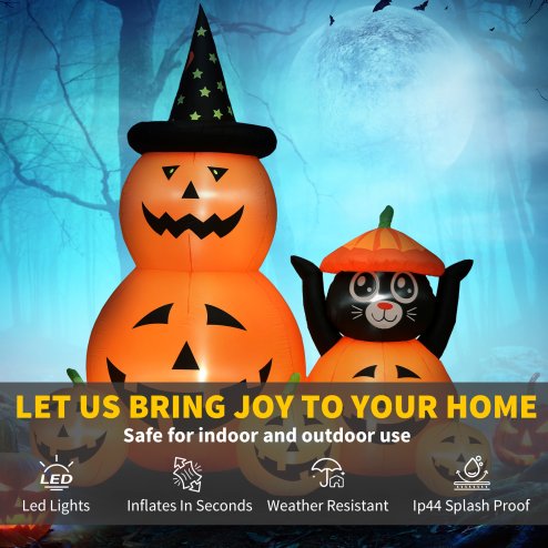 Outsunny 180 cm Tall Halloween Inflatables Pumpkin and Cat with Built-in LED Lights, Self-Inflating Outdoor Halloween Decoration for Garden Party, Orange and Black