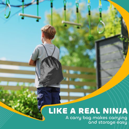 AIYAPLAY Obstacle Course for Kids, 32.8ft 10 Piece Zip Line Stackline for Kids, with 2 Monkey Bars, 2 Gym Rings, Rope Ladder, Nest Swing, Tree Protector, 2 Bags, Hanging Tray, 2 Rope Knots