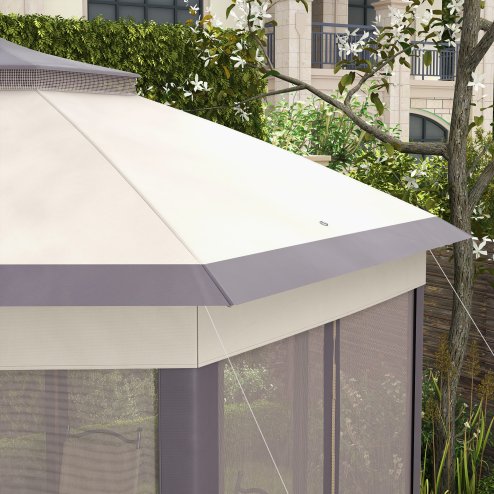 Outsunny 3 x 4m Garden Gazebo Hexagon Pop Up Gazebo Party Tent Canopy Double Roof Instant Shelter with Netting and Carry Bag for Outdoor Patio, Beige