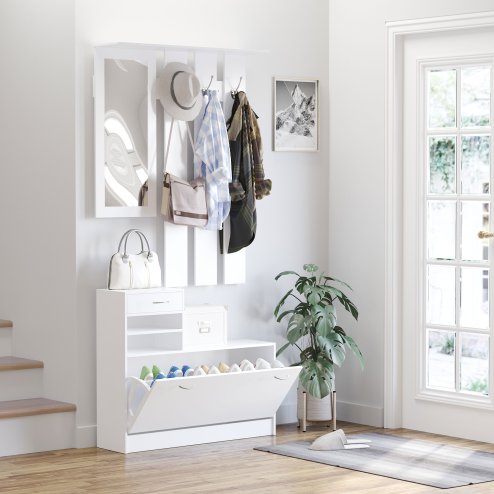 HOMCOM 2PC Shoes Storage Chest Cloths Rack Unit w/Mirror Multiple Shelves Large Storage Capacity Shoes Cabinet 6 Hooks Cloth Rack