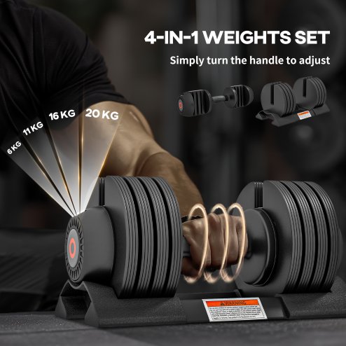 SPORTNOW 20KG Single Adjustable Dumbbell, 4-in-1 Weights with Storage Tray and Non-Slip Handle, Home Gym Fitness Equipment, Black