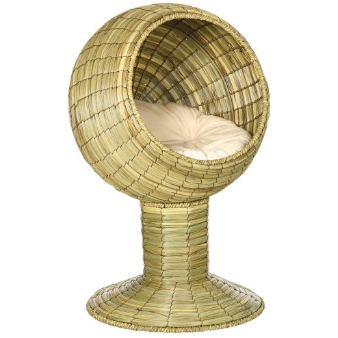 PawHut Raised Cat House, Natural Mat Grass Cat Bed, Kitten Cave with Cushion, Detachable Top, Yellow, 41x 69 cm