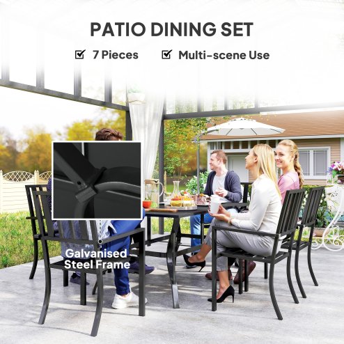 Outsunny 7 Pieces Patio Dining Set, 6 Seater Outdoor Table and Stackable Chairs with Umbrella Hole, Galvanised Steel Frame, Space Saving, for Poolside, Garden, Black