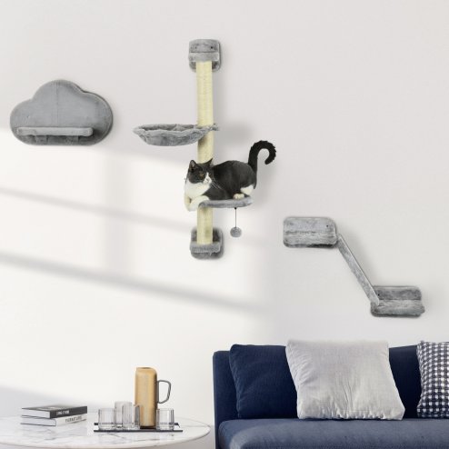 PawHut Three-Piece Wall-Mounted Cat Shelves, with Hammock, Cloud-Shaped Jumping Platform, Ladder, Scratching Post, Cat Wall Furniture with Play Ball for Large Cats - Grey