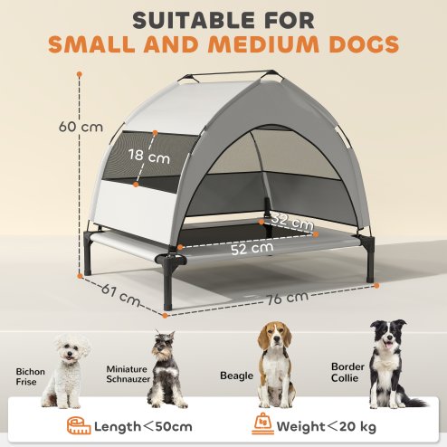 PawHut Elevated Dog Bed with Removable Canopy, Portable Cooling Raised Pet Cot with Breathable Mesh, Storage Bag, for Indoor Outdoor Use, for Small Medium Dogs, 76 x 61 x 70 cm, Light Grey