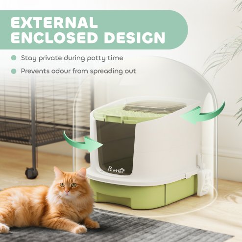 PawHut Cat Litter Tray with Lid, Cat Litter Box with Deodorisation Bags, Scoop, Top Entry, Litter Tray with Drawer Pan, Green