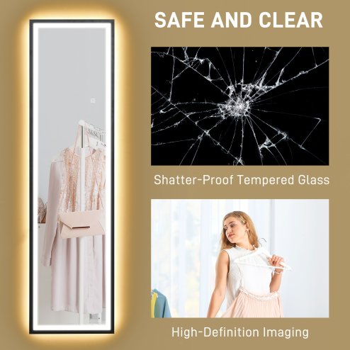 HOMCOM Full Length Mirror with LED Lights, 150 x 40cm Free Standing Mirror with Dimming and 3 Colour Lighting, Leaning or Wall Mirror with Metal Frame for Living Room, Bedroom, Black