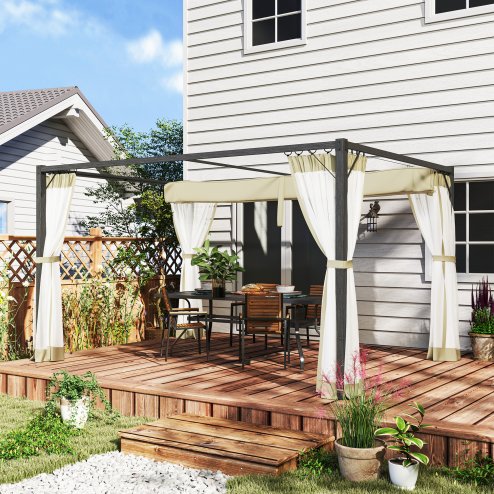 Outsunny 3 x 4 m Pergola with Retractable Roof Canopy and Netting Sidewalls, Aluminium Frame Garden Gazebo Outdoor Sun Shade Shelter for Grill, Patio, Deck, Khaki