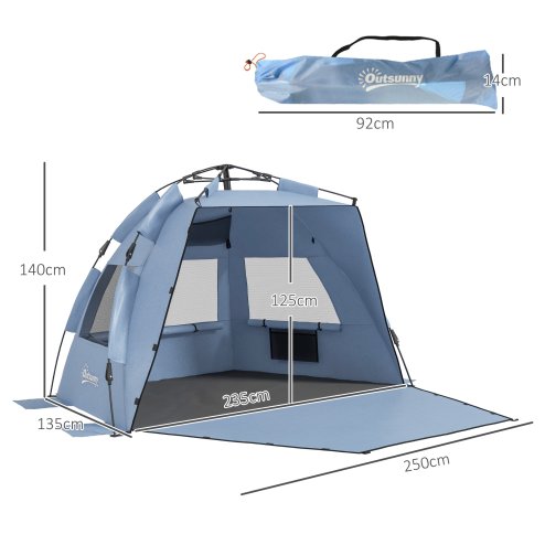 Outsunny Pop Up Tent Beach Tent for 2-3 Person, UPF15+ Easy Set Up Sun Shelter with Extended Floor, Sandbags, Mesh Windows and Carry Bag, Light Blue