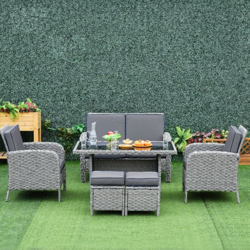 Outsunny 6 Pieces Rattan Garden Furniture Set, 6 Seater Garden Sofa Set with Glass Top Dining Table, Loveseat, 2 Armchairs and Ottomans, Wicker Outdoor Conservatory Furniture for Patio, Grey