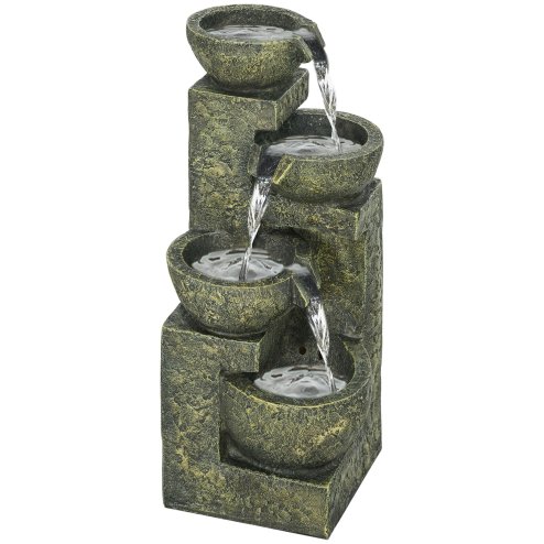 Outsunny Outdoor Garden Water Feature with 4-Tier Stacked Stone Look Bowls, Patio Cascading Waterfall Fountain, Adjustable Flow, Rustic Decor, Black and Yellow