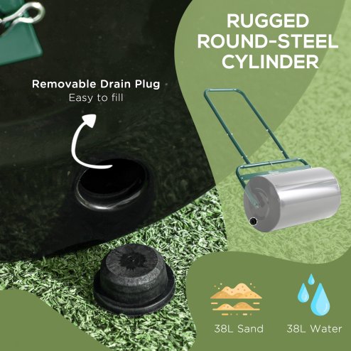 Outsunny Combination Push/Tow Lawn Roller Filled with 38L Sand (62kg) or Water, Great for the Garden 32 x 50cm Roller, Dark Green