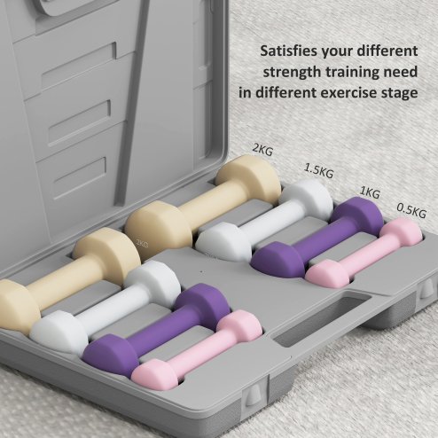 HOMCOM 10KG Dumbbells Set with Carry Case, Hand Weights for Women and Men Home Gym Weight Lifting Training, Pink, Purple, Grey, Brown