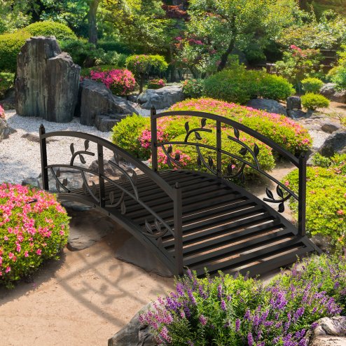 Outsunny 1.2M Metal Garden Bridge with Safety Railings, Arc Footbridge with Vine Pattern, Classic Retro Small Decorative Pond Bridge for Creeks Streams Borders, Black