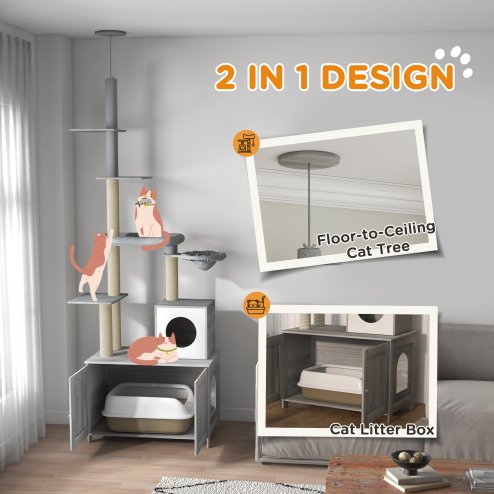 PawHut Cat Tree with Hidden Litter Box, 2-in-1 Floor-to-Ceiling Cat Litter Box Furniture with Cat House, Bed, Hammock, Scratching Posts and Platforms for Indoor Use - Grey
