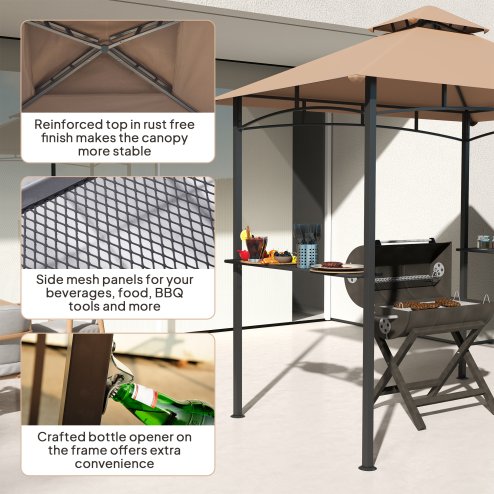 Outsunny 2.5x1.5m (8'x5') Grill Gazebo Canopy, Double Tiered Outdoor BBQ Gazebo Shelter with 2 Side Shelves for Garden, Patio, Barbecue, Picnic, Khaki