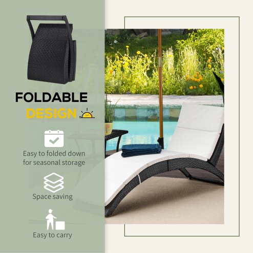 Outsunny Outdoor Foldable PE Rattan Sun Lounger with Soft Padded Cushion, Ergonomic Curved Design Sun Bed for Balcony, Garden, Black