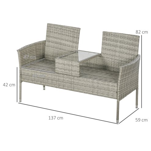 Outsunny 2 Seat Rattan Garden Bench, Patio Wicker Chair with Glass Tea Table, Outdoor Love Seat with Padded Cushions, for Garden, Porch, Mixed Grey/Grey