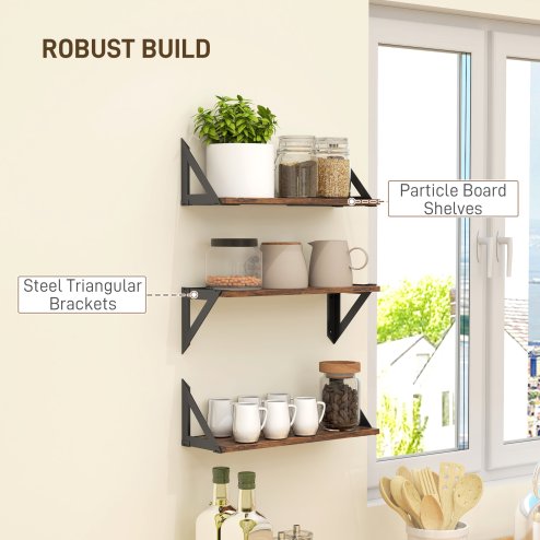HOMCOM Set of 3 Wall Shelves, Vintage Wall Mounted Floating Shelves for Living Room, Entryway, Bedroom, Rustic Brown