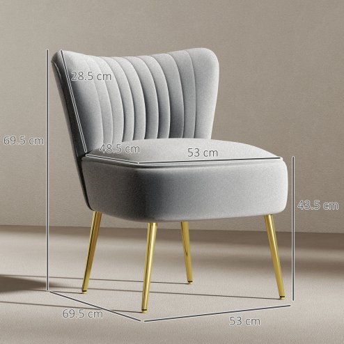 HOMCOM Armless Accent Chair, Upholstered Velvet Lounge Chair with Gold Tone Steel Legs for Bedroom, Living Room, Grey