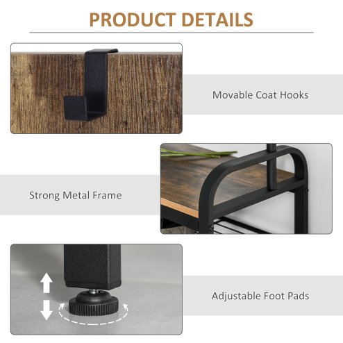 HOMCOM Coat Rack Stand Industrial hallway Shoe Rack Removable Hooks Metal Wood Hangers Storage Cabinet Rustic Brown 72LX34WX185H(cm)