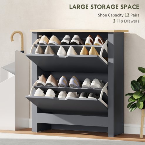 HOMCOM Narrow Shoe Cabinet, Space Saving Shoe Storage Cabinet with 2 Flip Drawers and Adjustable Shelves for 6-12 Pairs of Shoes for Hallways and Living Room, Charcoal Grey