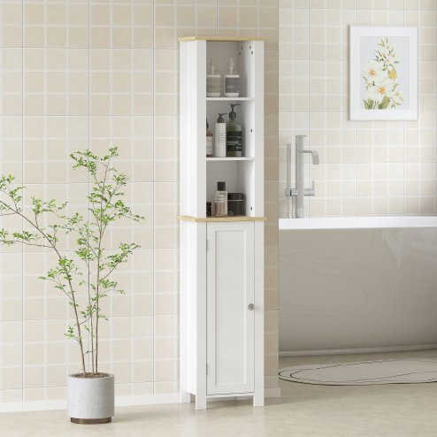 kleankin Slim Bathroom Storage Unit with Open Compartment, Bathroom Storage Cabinet with Adjustable Shelf, 34 x 23 x 165 cm, White