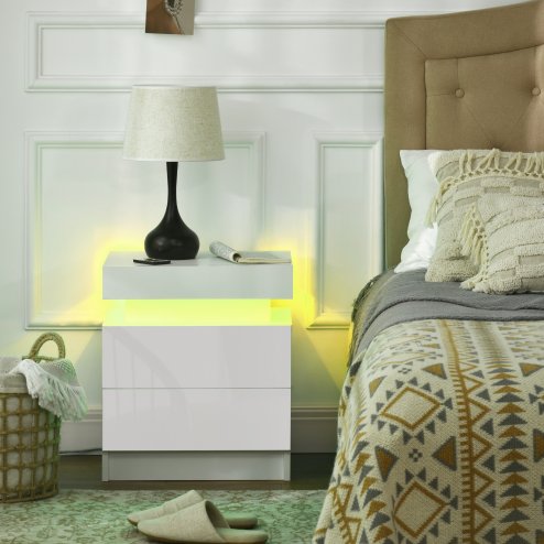 HOMCOM High Gloss Front Bedside Table, Nightstand with RGB LED Light and 2 Drawers, Chest of Drawers for Bedroom, Living Room, White