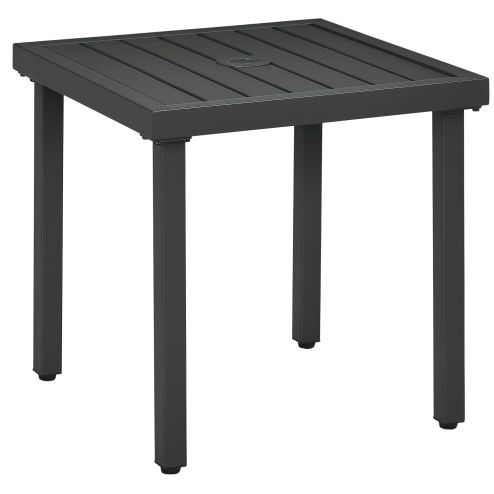 Outsunny Garden Side Table, 51x51cm Square Patio Coffee Table with Umbrella Hole, End Table with Steel Frame for Balcony, Grey