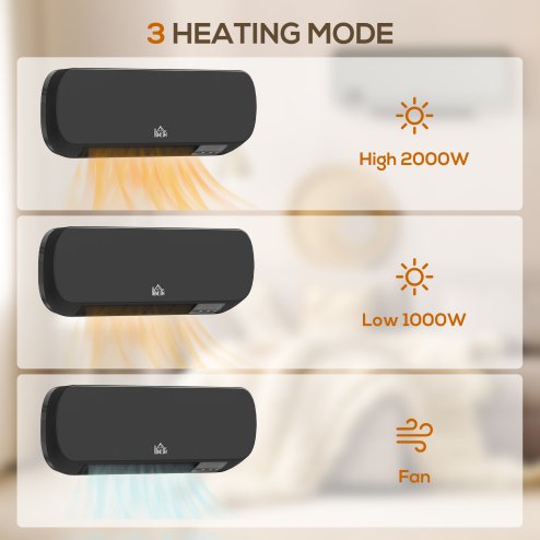 HOMCOM Electric Heater, 2000W Wall Mounted Ceramic Space Heater with Remote Control, 3 Modes, Timer, Overheat Protection for Home, Black