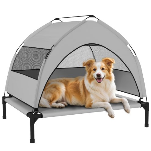 PawHut Elevated Dog Bed with Removable Canopy, Portable Cooling Raised Pet Cot with Breathable Mesh, Storage Bag, for Indoor Outdoor Use, for Small Medium Dogs, 76 x 61 x 70 cm, Light Grey