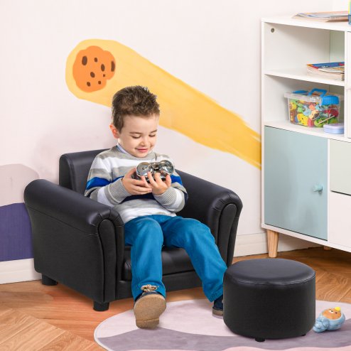 HOMCOM Children's Armchairs Toddler Chair Sofa Single Seater Childrens Armrest w/ Footstool - Black