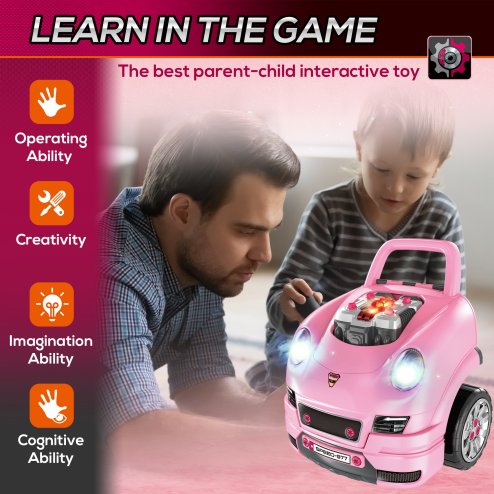 HOMCOM Kids Truck Engine Toy Set Toddler Educational Car Service Station w/ RC Car Key Steering Wheel Horn Light, Mechanic Gifts for Ages 3-5 Years - Pink