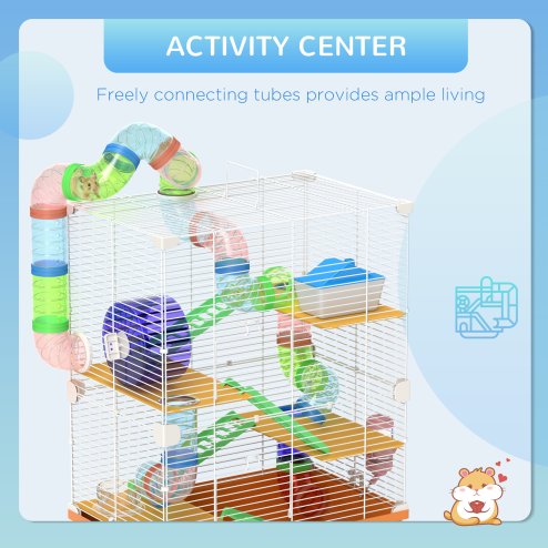 Pawhut 5 Tier Hamster Cage, Gerbil Cage with Tube Exercise Wheels, Tunnel, Water Bottle, Dishes, 58H x 46L x 30Wcm, Orange