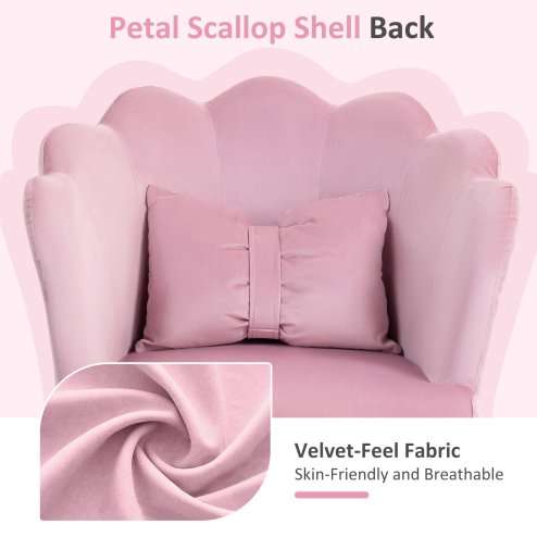 HOMCOM Velvet Office Chair with Petal Shell Back and Lumbar Pillow, Armless Desk Chair with Wide Seat and Tilt Function, Height Adjustable Swivel Makeup Vanity Chair for Bedroom, Pink