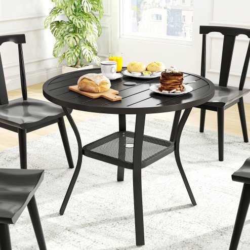 Outsunny 90 cm Garden Dining Table with 4-5 cm Parasol Hole, Round Outdoor Dining Table, Steel Garden Table with Slatted Metal Top and Wire Shelf for Balcony, Porch, Black