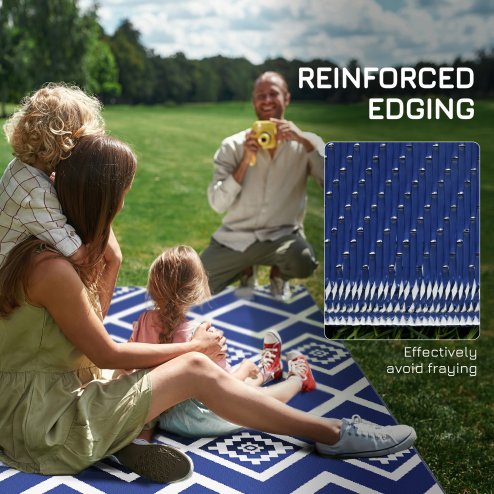 Outsunny Reversible Outdoor Rug with Carry Bag, Waterproof Plastic Straw Mat for Garden, Deck, RV, Picnic, Beach, Camping, 182 x 274cm, Blue and White