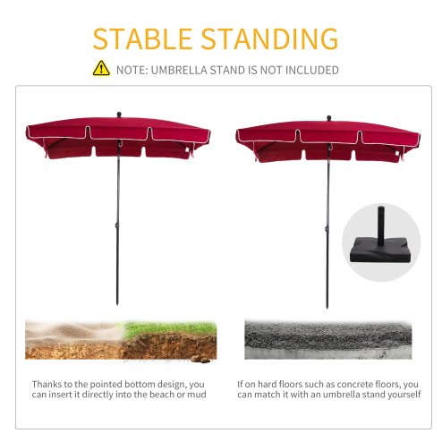 Outsunny 2 x 1.3m Garden Parasol Umbrella, Outdoor Market Table Umbrella with Ruffles & Aluminium Pole, Rectangular Tilting Parasol Sun Shade Canopy, Red