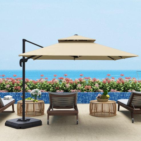 Outsunny 2.7 x 2.7(m) Cantilever Parasol with Aluminium Frame, Crank and Tilt, 360-Degree Rotation, Double Top Garden Umbrella with Base and Cover, Khaki