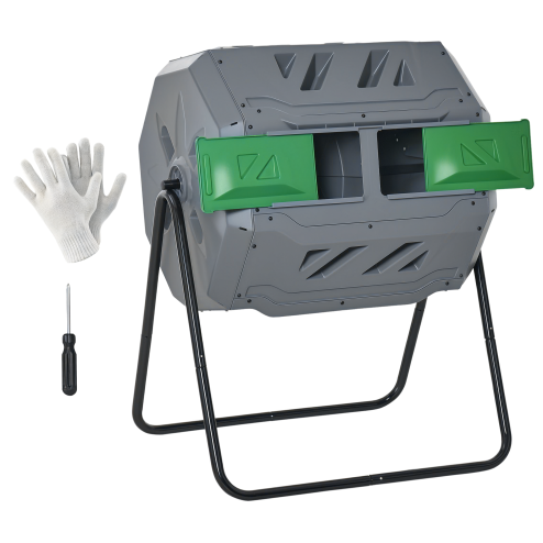 Outsunny 160L Tumbling Compost Bin Outdoor Dual Chamber 360° Rotating Composter, Garden Compost Bin w/ Sliding Doors & Solid Steel Frame, Grey