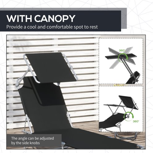 Outsunny Outdoor Foldable Sun Lounger, 4 Level Adjustable Backrest Reclining Sun Lounger Chair with Angle Adjust Sun Shade Awning for Beach, Garden, Patio, Black