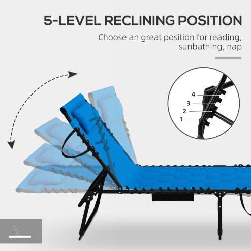 Outsunny Foldable Sun Lounger Set with 5-level Reclining Back, Outdoor Tanning Chairs Sun Loungers with Build-in Padded Seat, Side Pocket, Headrest for Beach, Patio, Blue